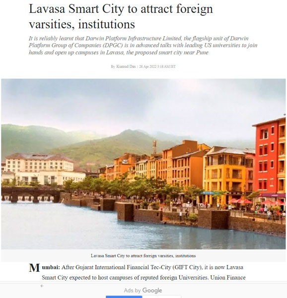 Darwin Platform Infra wins bid for Pune's Lavasa city.